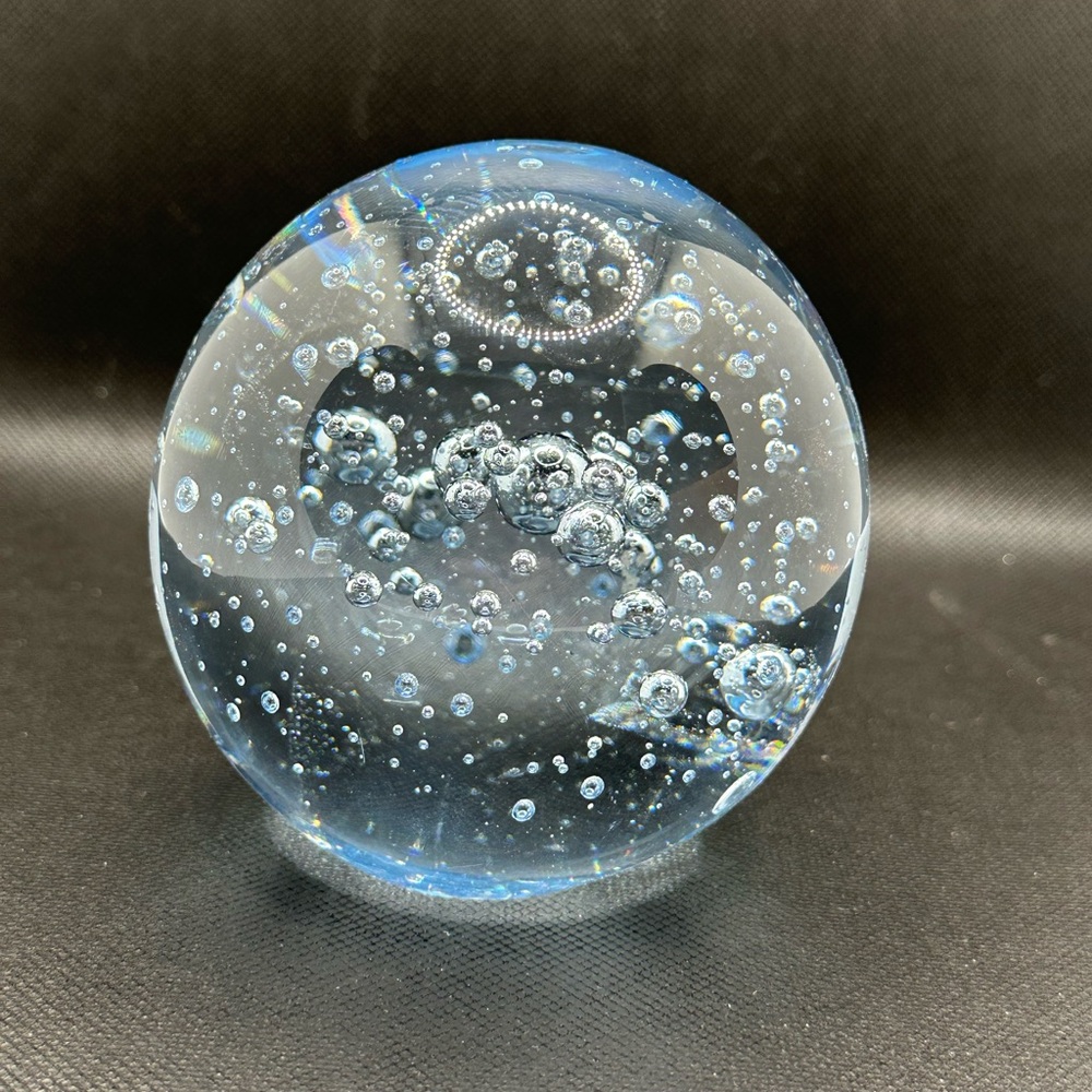 Light Blue Glass Art Paperweight with Intricate Bubble Design